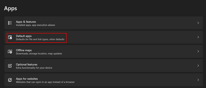 Clicking on "Default apps" option in Windows Settings.