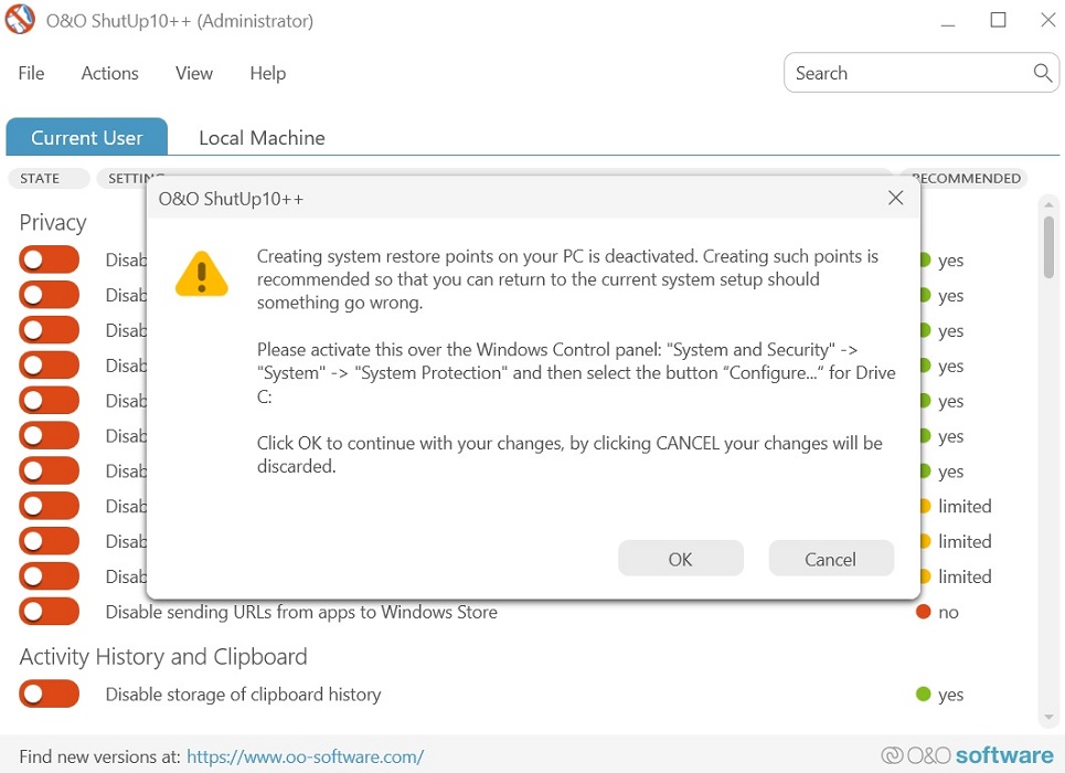 Request to create system restore in O&O ShutUp10++ tool. 