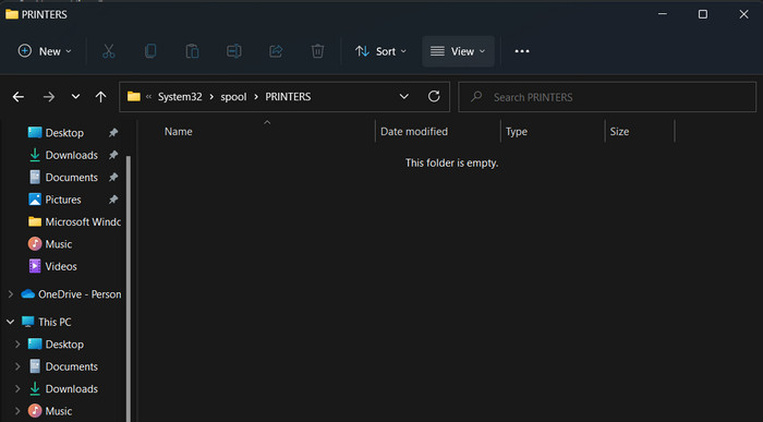 Printer folder containing no files in File Explorer.