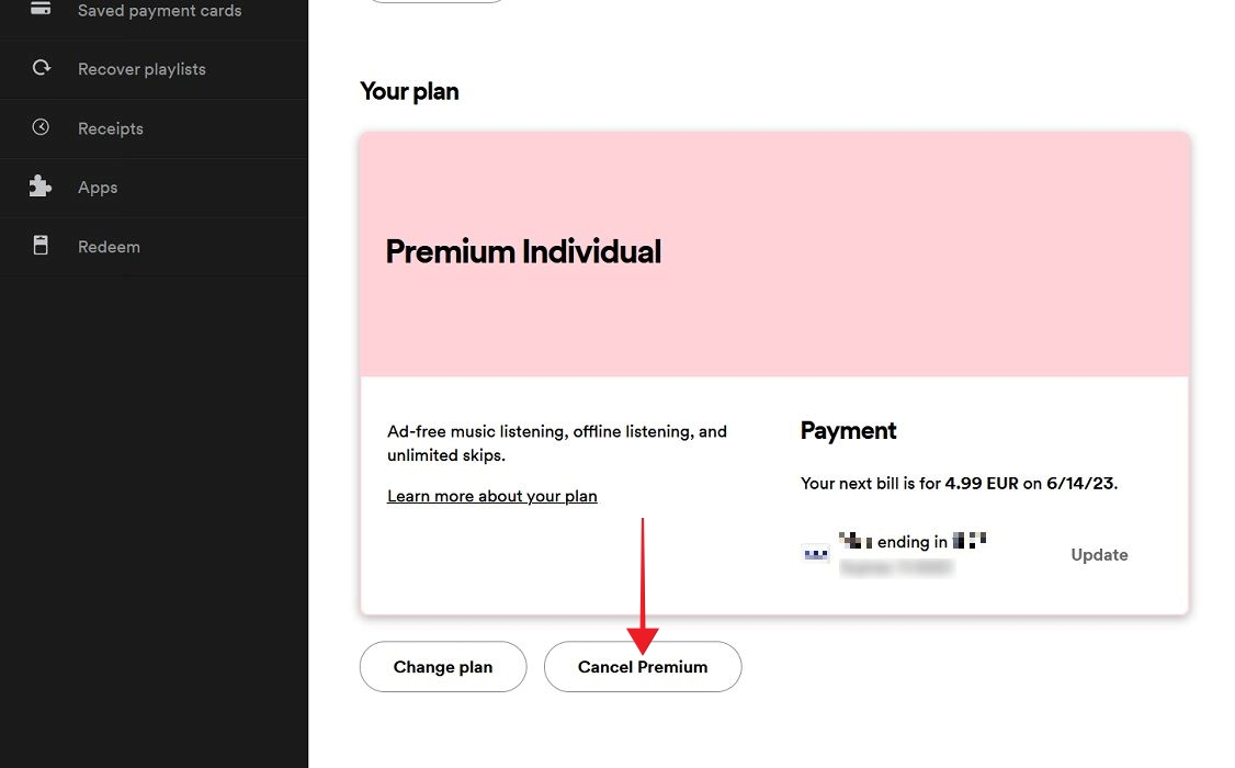 Clicking on "Cancel Premium" button on Spotify webpage.