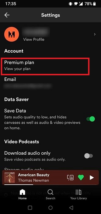 Selecting "Premium plan" option in Spotify Settings in mobile app.