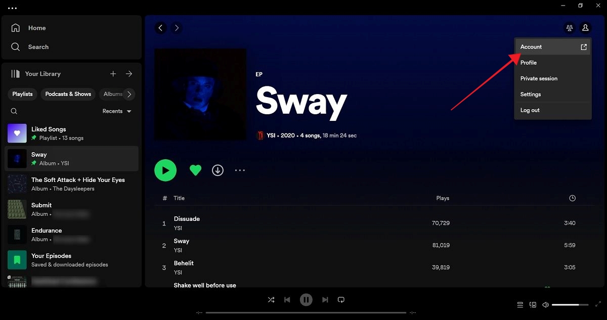 Clicking on "Account" in Spotify desktop client app.