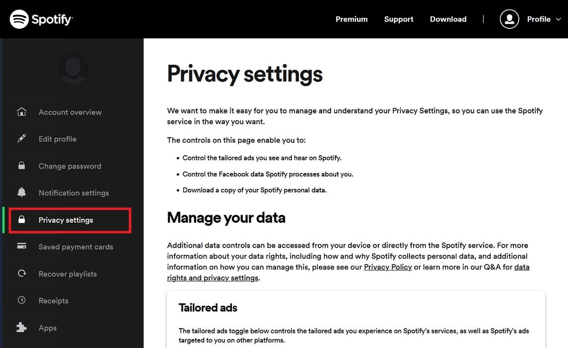 Clicking on "Privacy settings" on Spotify Account Overview.