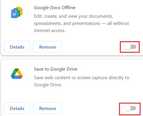 Toggling the switch to the left to disable extensions.