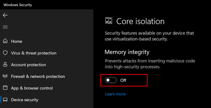 Toggling off "Memory integrity" feature in Windows Security.