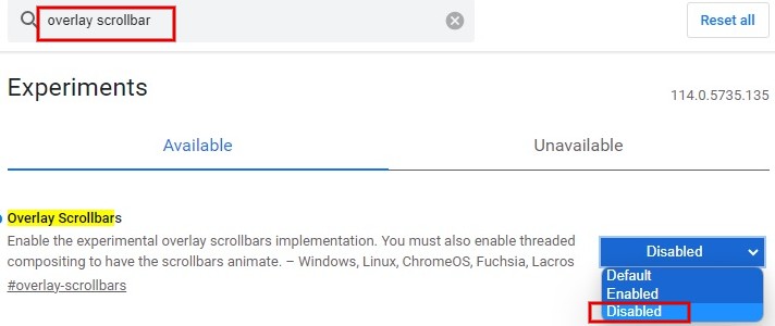 Searching for "overlay scrollbar" in Chrome flags menu.
