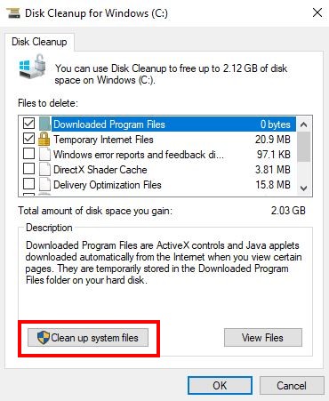 Clicking "Clean up system files" option in Disk Cleanup. 