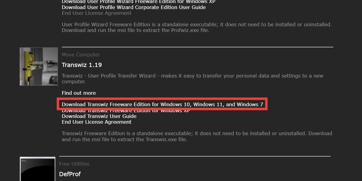 The page to download Transwiz, with the download link highlighted.
