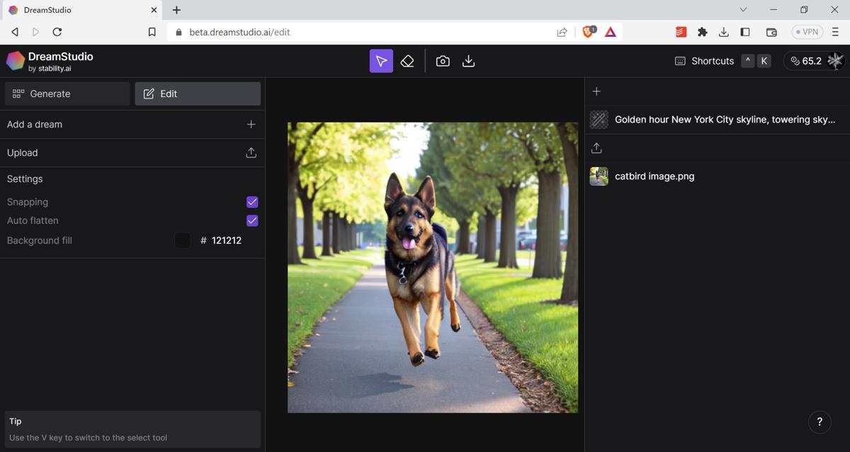 Dreamstudio Ai Image Editor Using Image Enhance On German Shepherd Image Screenshot