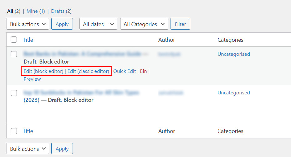 Edit In Block Or Classic Editor in WP