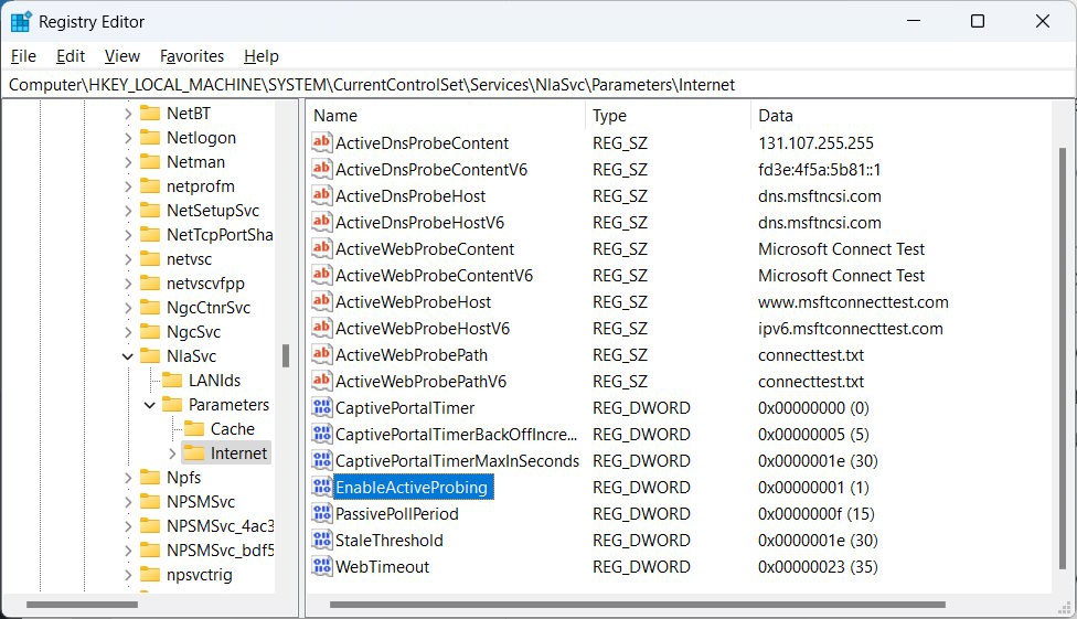 Double-clicking the Enableactiveprobing value in Registry Editor.