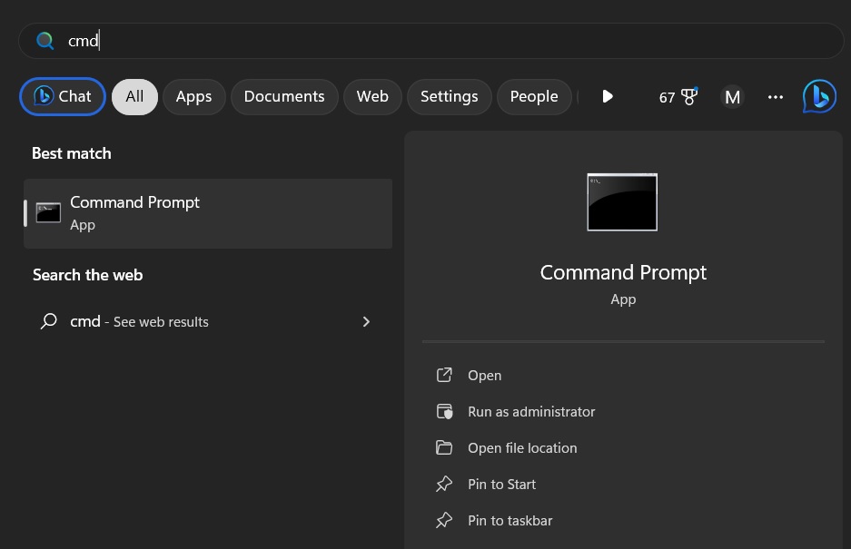 Searching "Command Prompt" in Windows Search. 