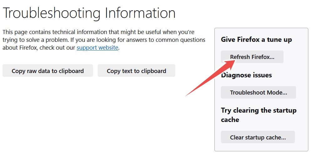 The "Refresh Firefox" button in Firefox's Troubleshooting information page.