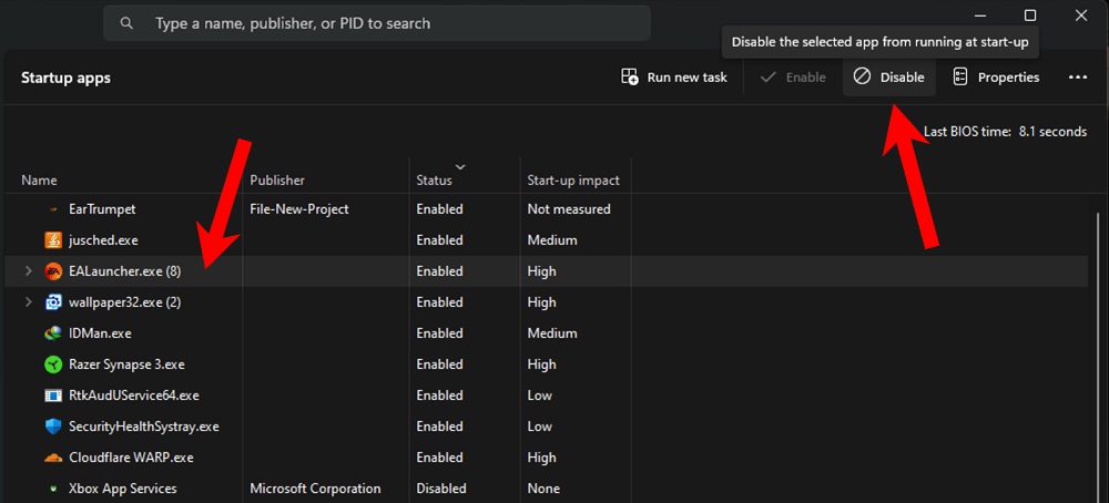 Disabling app from Task Manager. 