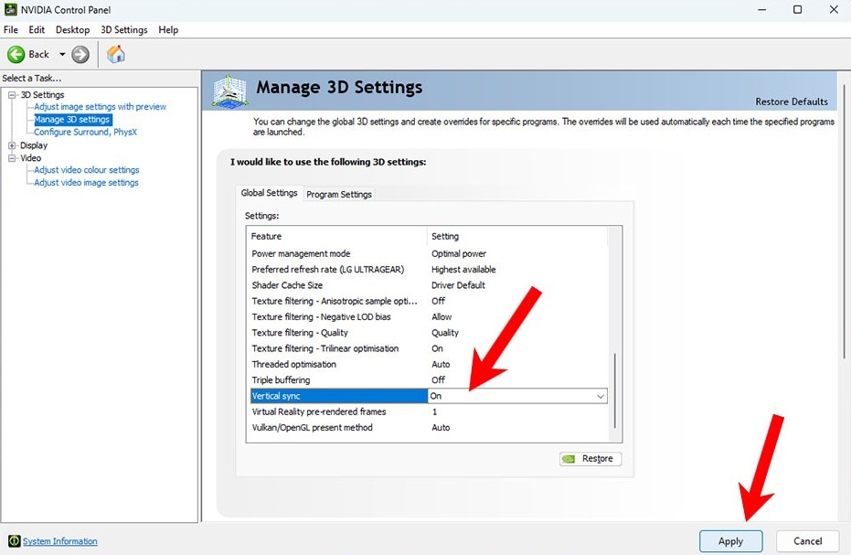 "Vertical sync" options in NVIDIA Control Panel app. 
