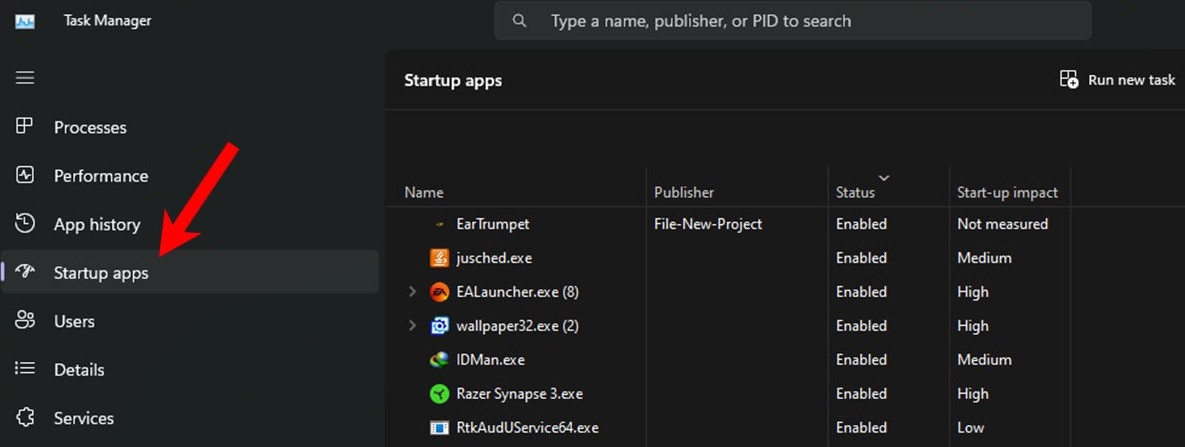 Selecting "Startup apps" option in Task Manager.