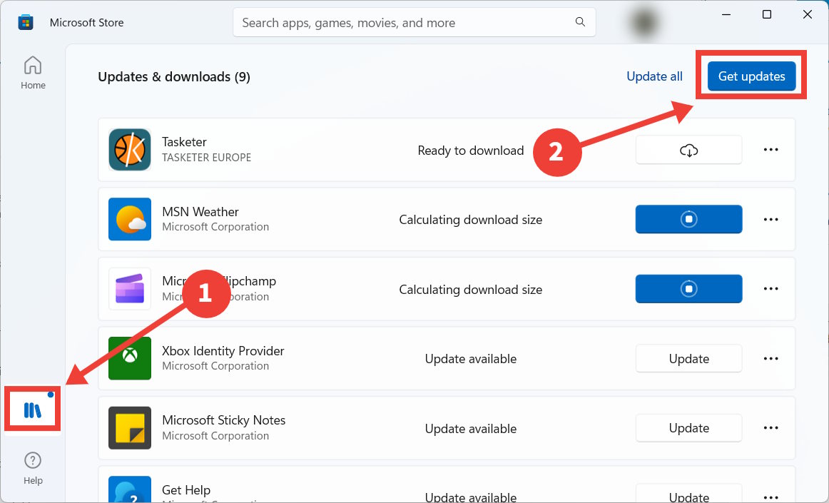 Clicking "Get updates" button in the Microsoft Store.