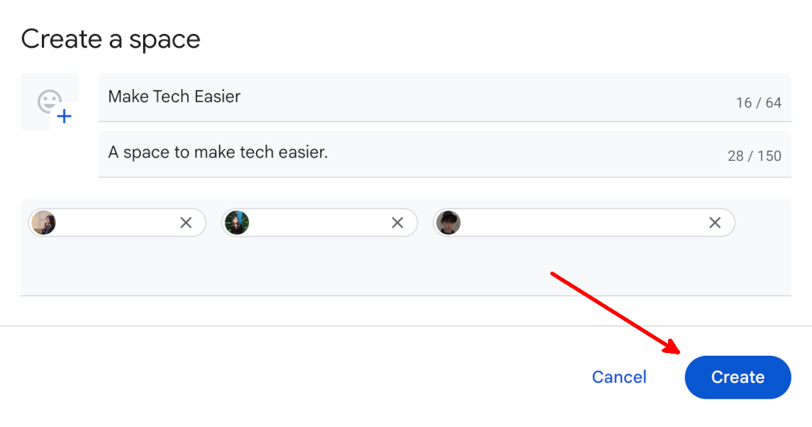 Google Spaces Create Button