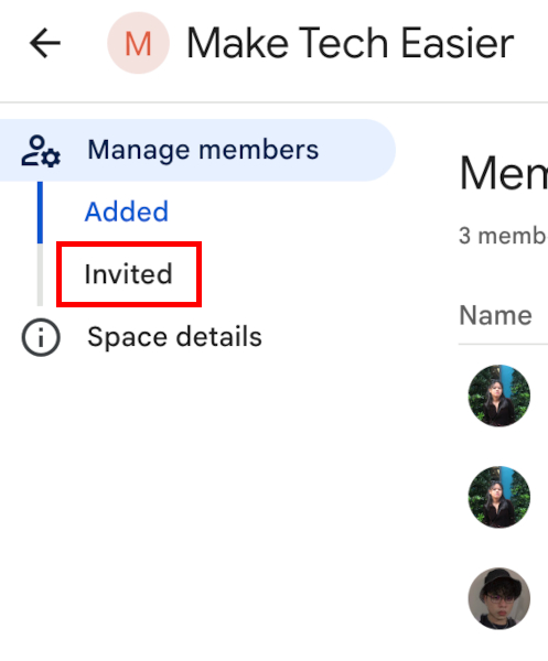 Google Spaces Manage Members Invited