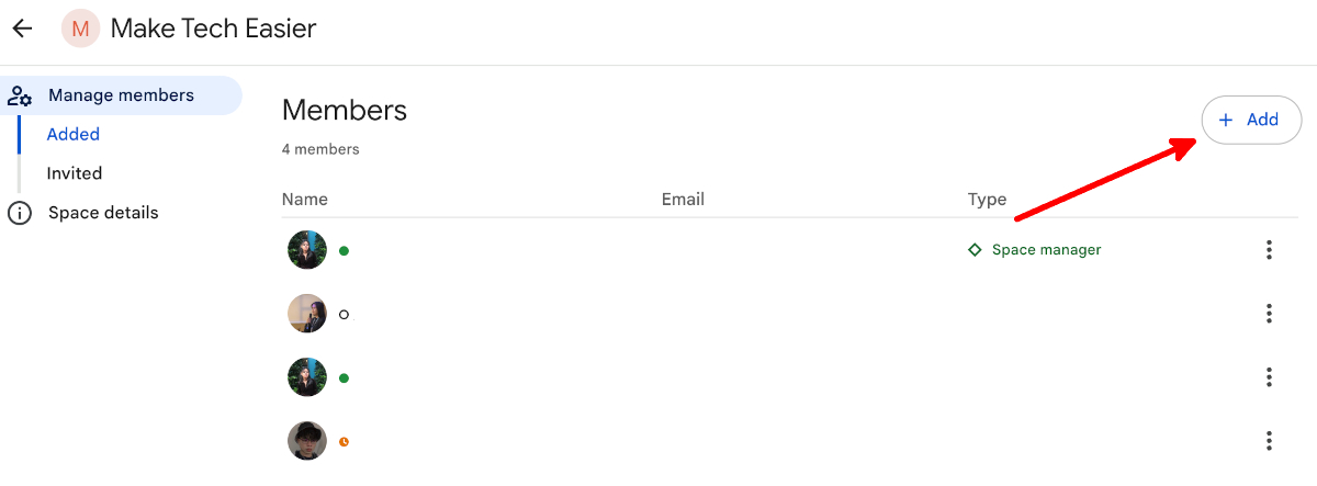 Google Spaces Manage Members Add Button