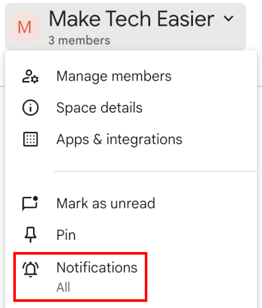 Google Spaces Notifications Drop Down
