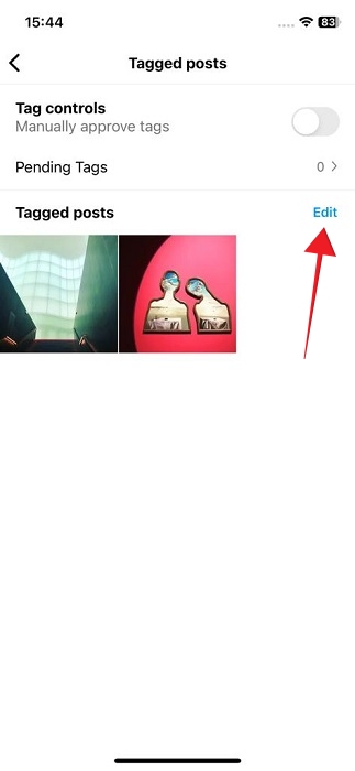 Tapping on "Edit" button in "Tagged posts" screen in Instagram app for iOS.