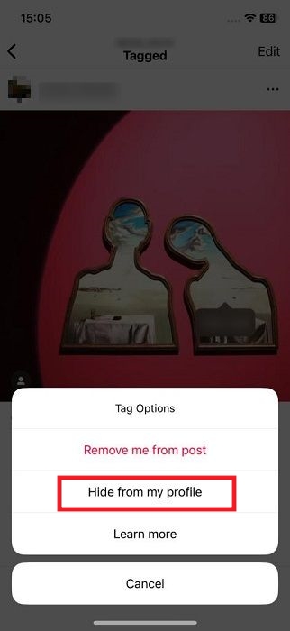 Selecting "Hide from my profile" option from "Tag option" menu in Instagram app for iOS. 