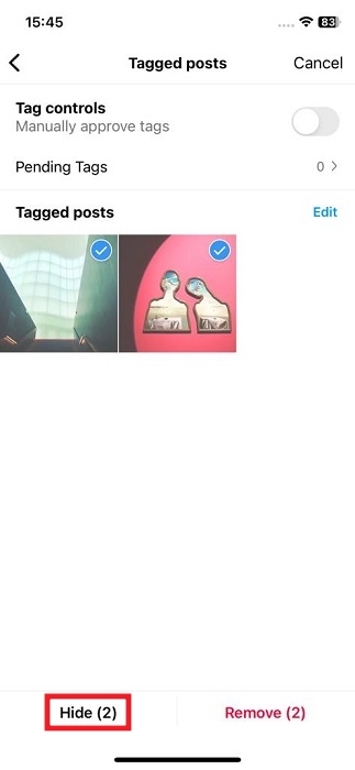 Tapping "Hide" button in "Tagged posts" in Instagram app for iOS. 