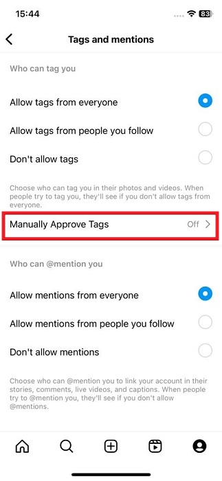 "Manually approve tags" option under "Tags and mentions" section in Instagram app for iOS.