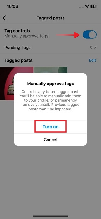 Enable "Pending Tags" option on Instagram app for iOS.