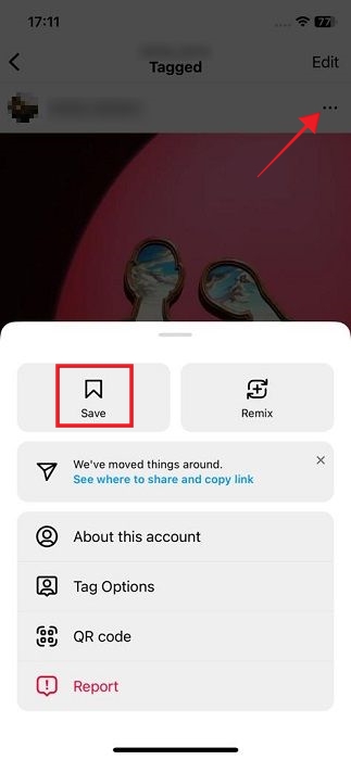 Clicking three dots button in the upper right corner of Instagram post to show "Save" button.