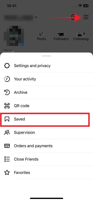 Tapping on "Saved" option in Instagram menu. 