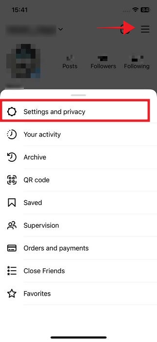 Clicking on "Settings and privacy" in the Instagram app for iOS.