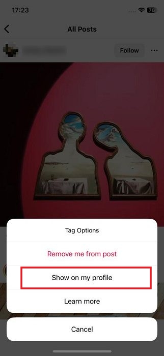 Selecting "Show on my profile" option from Saved on Instagram for iOS.