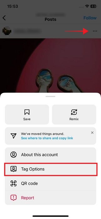 Clicking on "Tag options" in image menu in Instagram app for iOS.