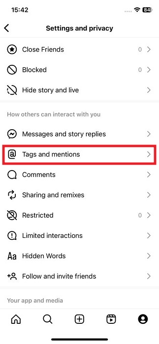 Pressing "Tags and mentions" under Instagram Settings on iOS app. 