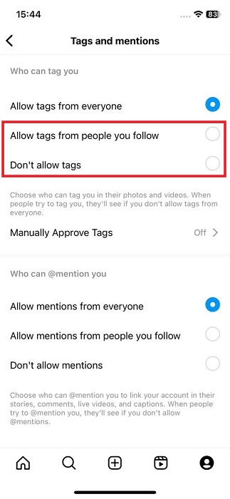 "Who can tag you" options in Instagram app for iOS.
