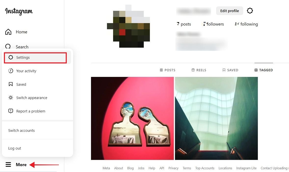 Clicking on "Settings" on Instagram on PC.