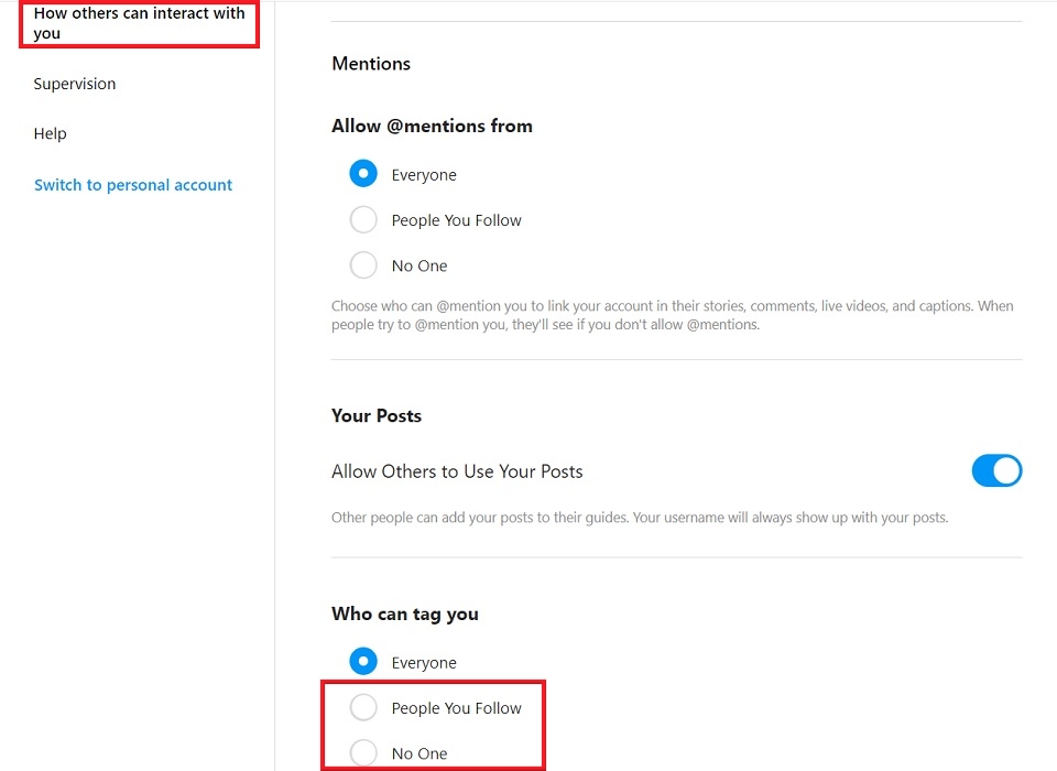 "Who can tag you" options on Instagram for PC.