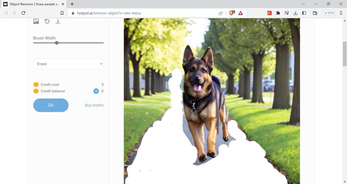 Hotpot Ai Image Editor Using Object Remover On German Shepherd Image Screenshot
