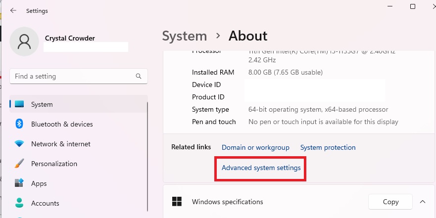 Clicking on "Advanced system settings" under About in Settings.