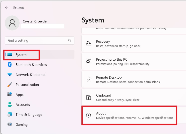 Clicking on "About" under "System" in Settings.
