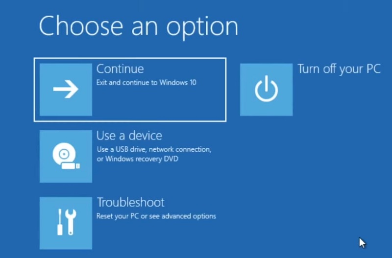 Selecting "Troubleshoot" from Recovery Environment. 