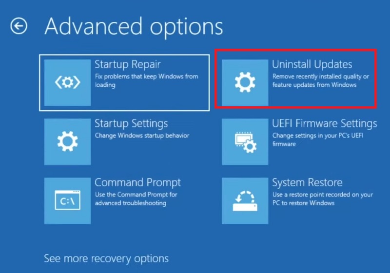 Clicking on "Uninstall Updates" option in Advanced Options. 