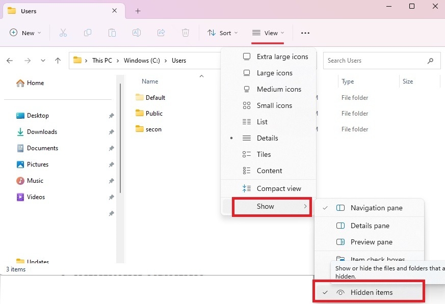 Accessing "View" menu in File Explorer to show hidden files.
