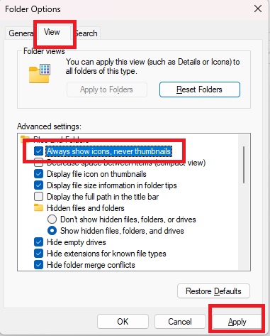 Checking "Always show icons, and never thumbnails" in Folder Options window.