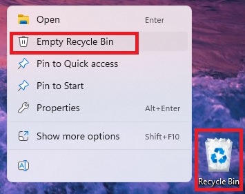 Clicking on "Empty Recycle Bin" option in Windows.