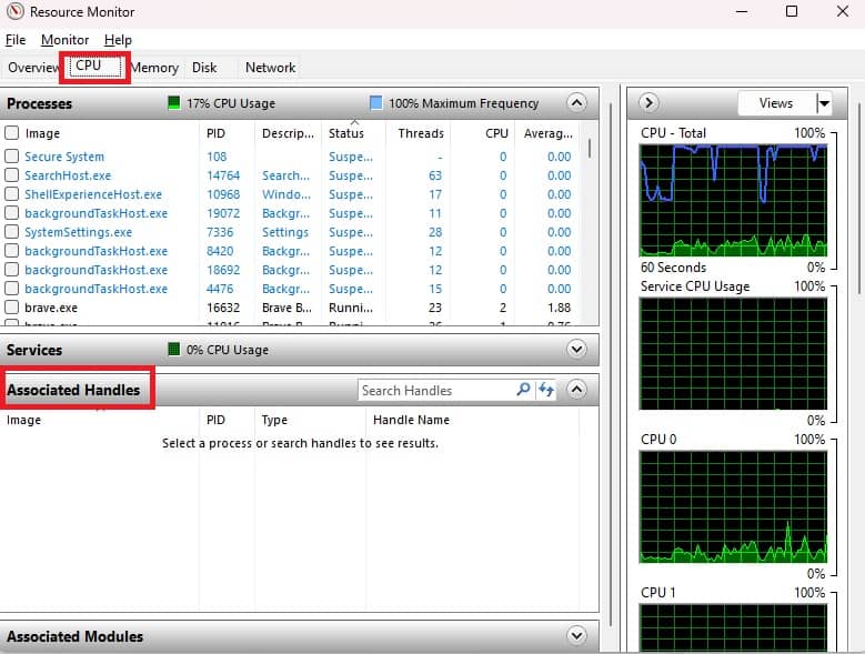 Expanding "Associated Handles" option in Resource Monitor under "CPU" tab.