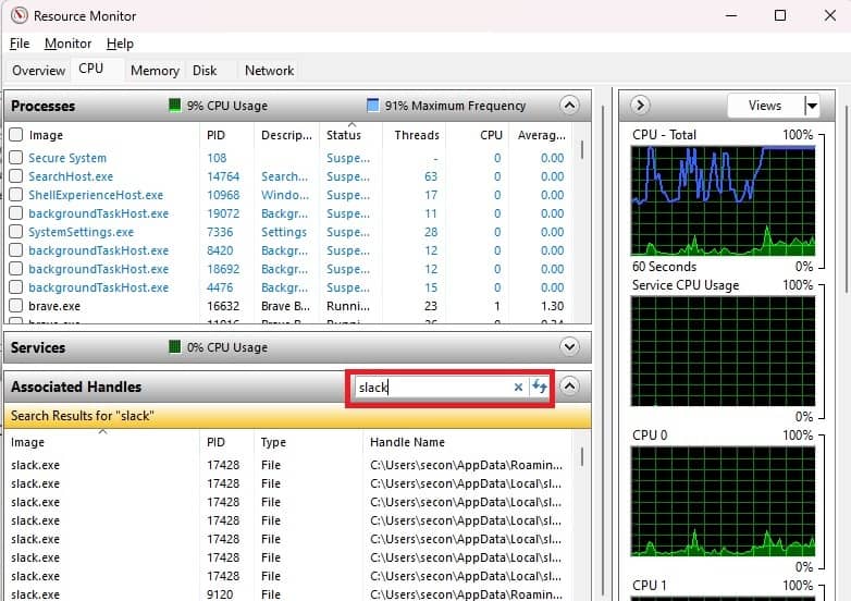 Searching for file or folder in Resource Monitor app.