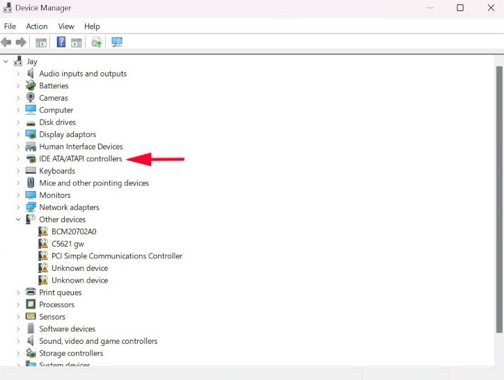 Clicking on "IDE ATA/ATAPI controllers" option in Device Manager.